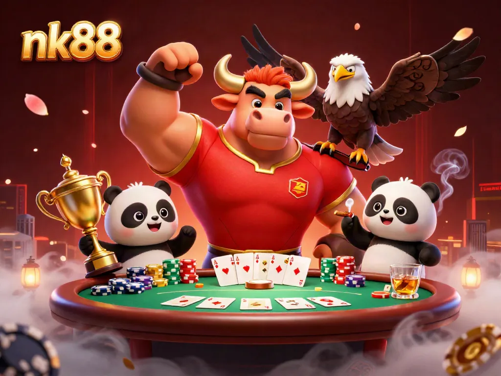Experience thrilling wins with nk88, vibrant casino scene featuring a bull mascot, eagle, and panda.