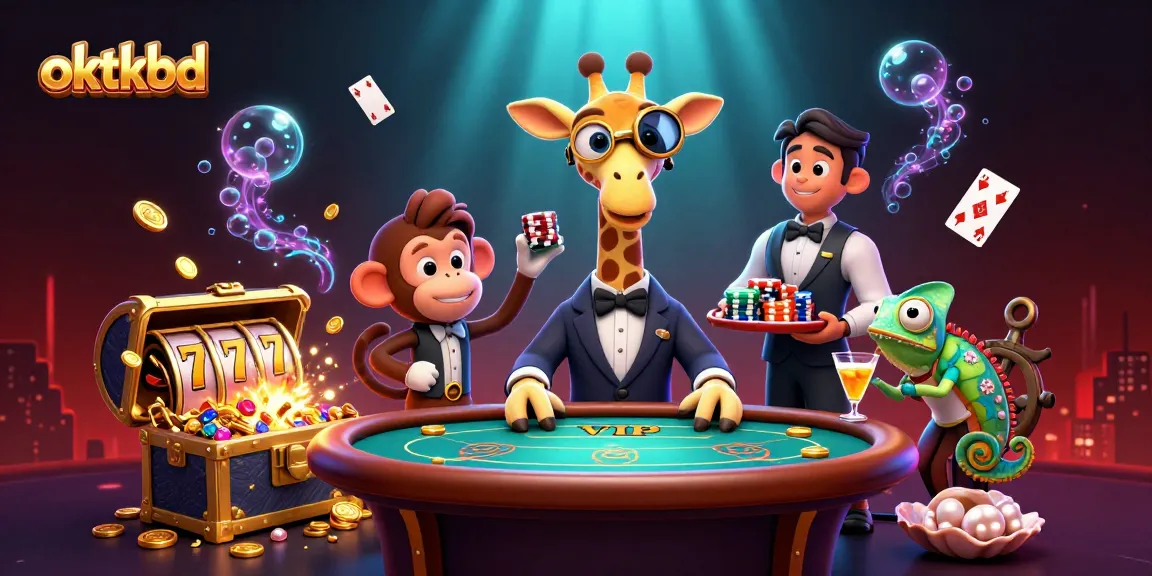 Experience thrilling gaming with oktkbd as a high-roller giraffe and friends enjoy a vibrant casino scene.
