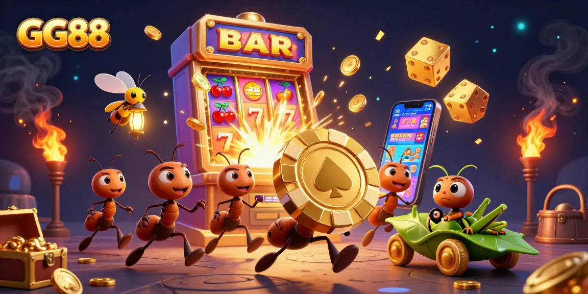 Engage with thrilling GG88 slots as ants escape with a giant poker chip amidst a jackpot explosion.