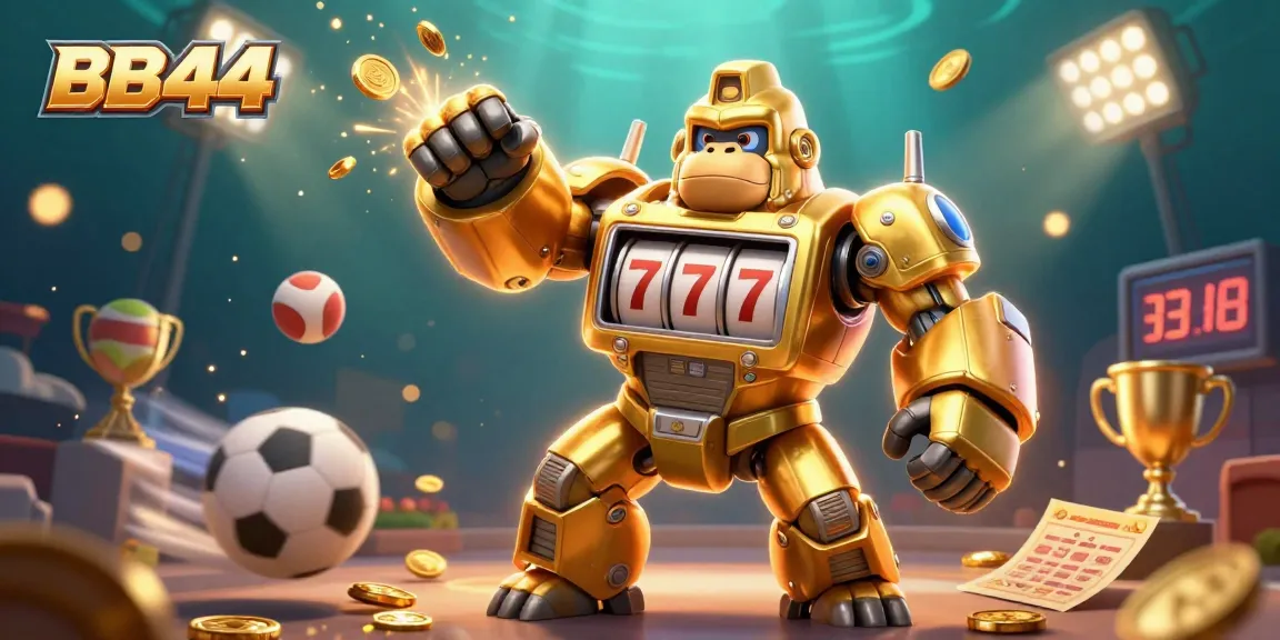 Experience thrilling gaming action at BB44 with a dynamic 3D casino illustration showcasing a golden gorilla mech.