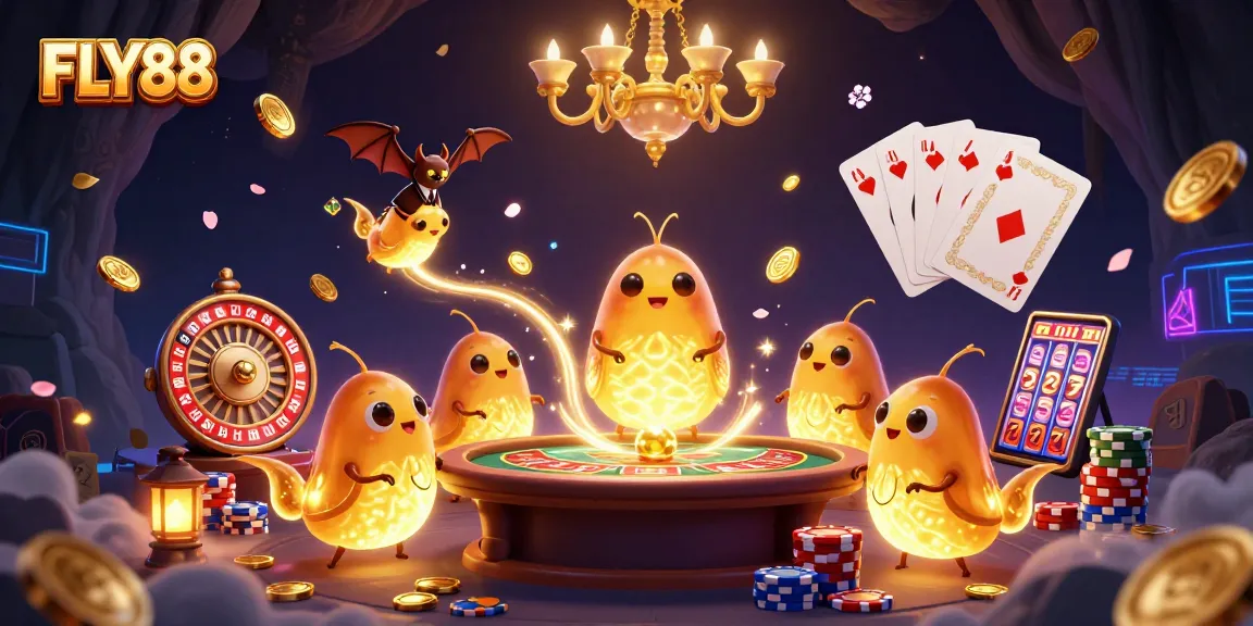 FLY88 glowworms illuminate the exciting casino vibe with golden elements and vibrant game action