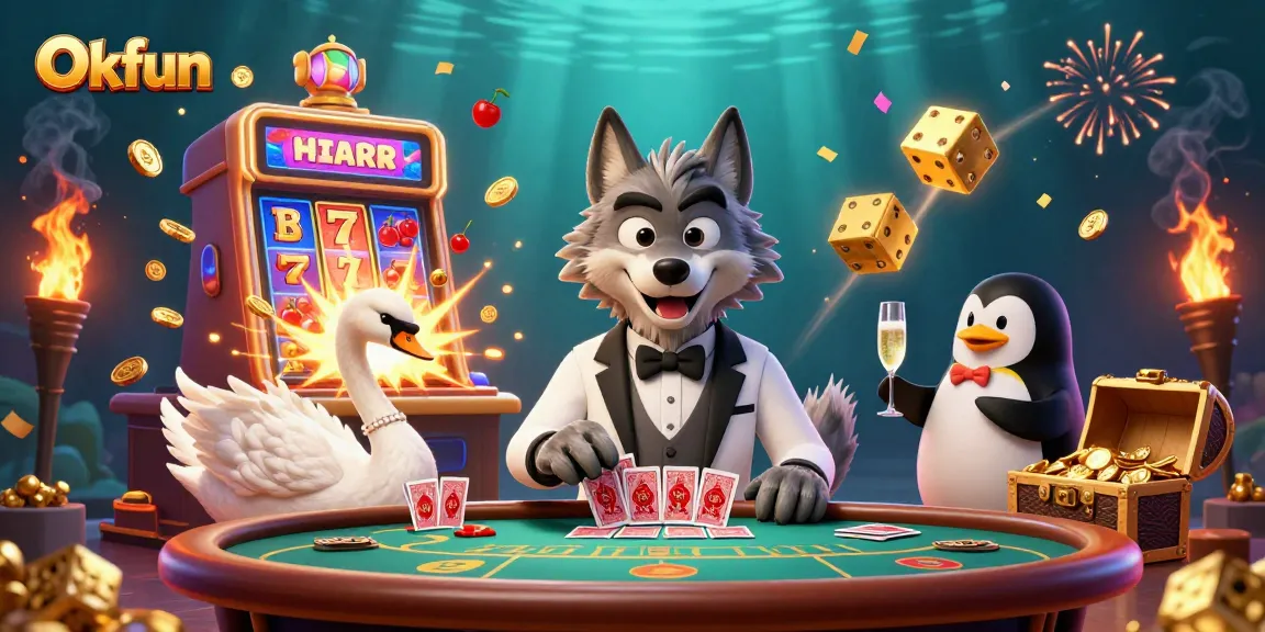 Okfun casino scene featuring a debonair wolf, elegant swan dealer, and penguin sommelier amidst vibrant gambling elements.