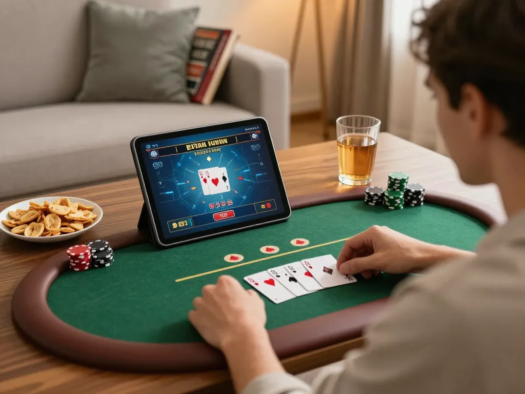 Playing keonhacai tv poker online in a cozy environment with a tablet and snacks.