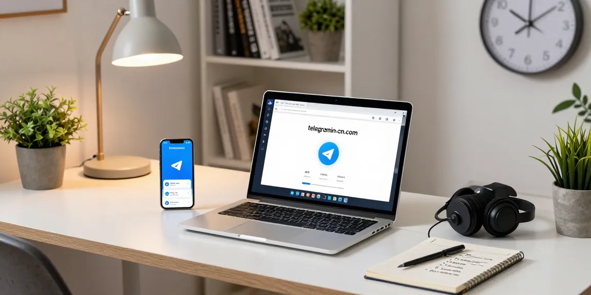 User browsing telegramin-cn.com interface on a laptop in a stylish home office, showcasing modern tech and workspace.