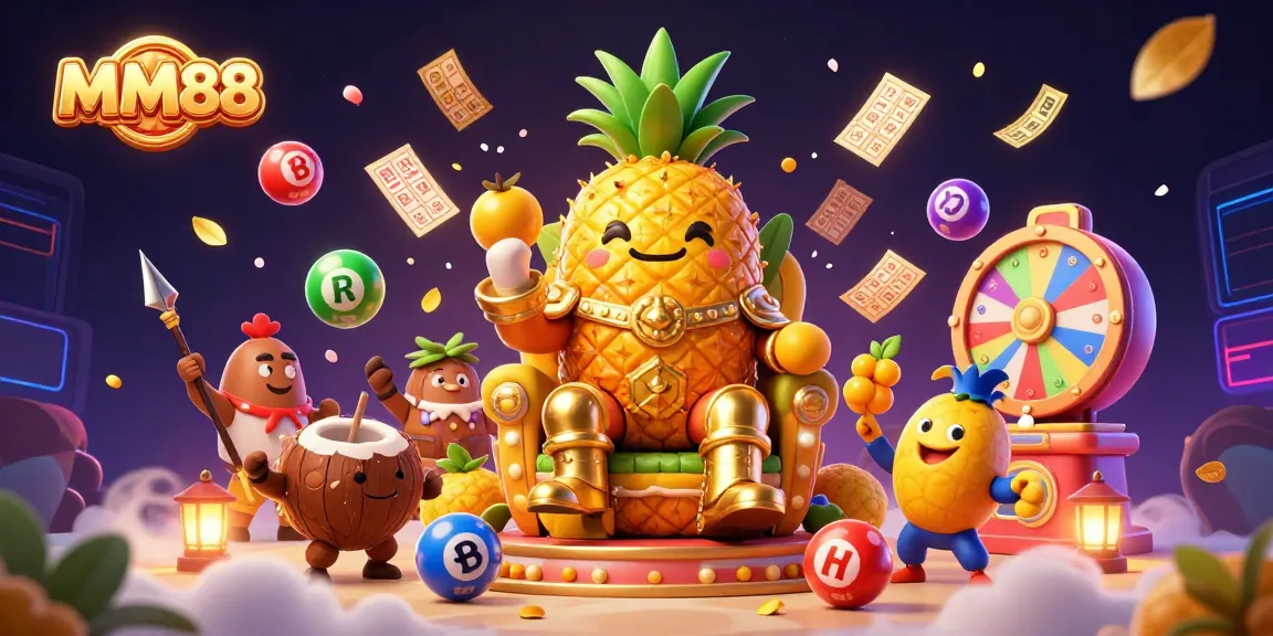 Engage with MM88 through a vibrant casino scene featuring a golden pineapple king and dynamic lottery elements.