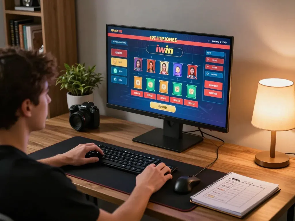 Engaging in iwin live gameplay at home with a stylish online gaming setup, displaying dynamic casino graphics on screen.