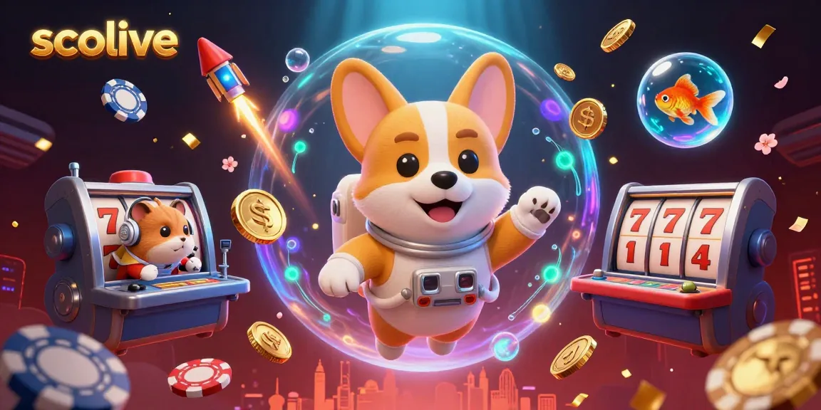 Socolive brings exciting live casino action with a cartoon astronaut corgi, spinning slot reels, and immersive elements.