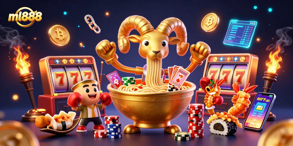 Spin and win at ml888 with a vibrant illustration featuring a golden ramen bowl dealer and jackpot symbols.