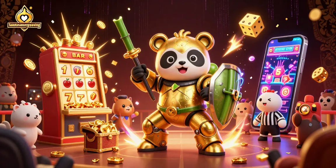 Join the fun with landlordmoneysaving as a golden panda and casino robots battle in a lively gaming arena.
