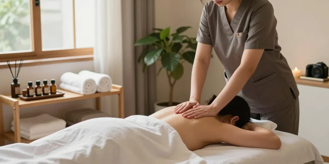안산출장마사지 session in a peaceful, inviting massage room with natural light, soothing ambiance, and professional therapist.