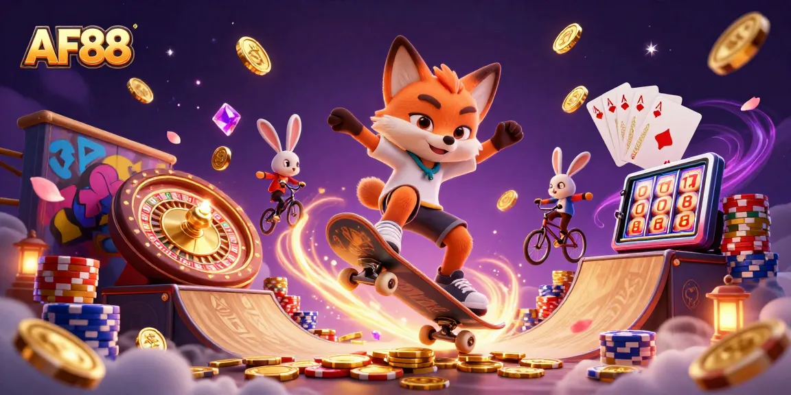 Bet on exciting moments at AF88 with this lively casino illustration featuring a skateboarder fox and BMX rabbit.