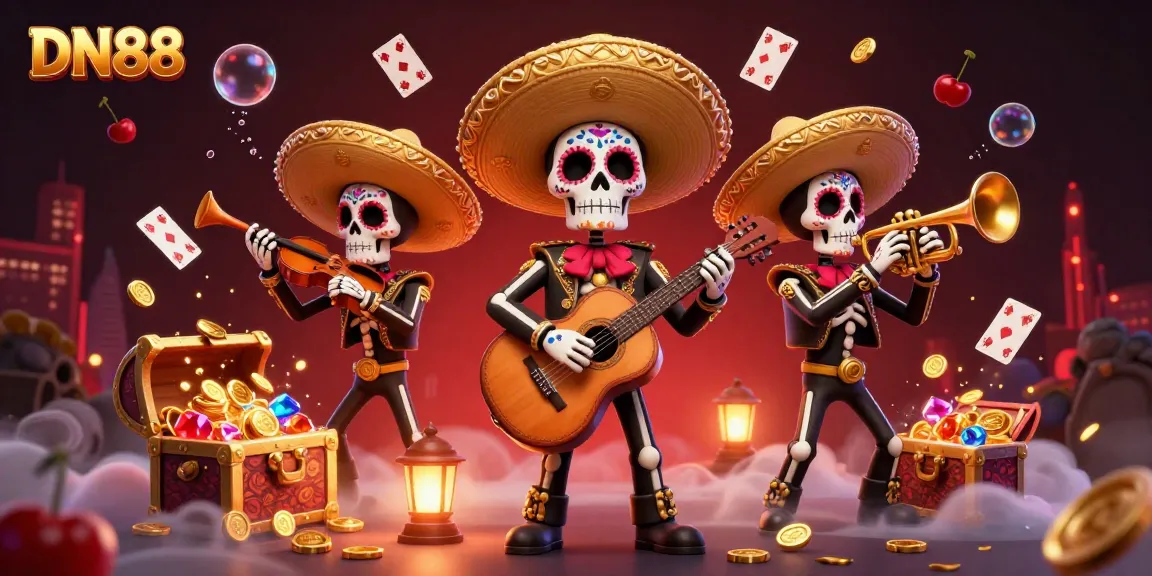 Join the vibrant DN88 marina-themed casino adventure with detailed skeleton musicians, floating game elements, and gold treasures.