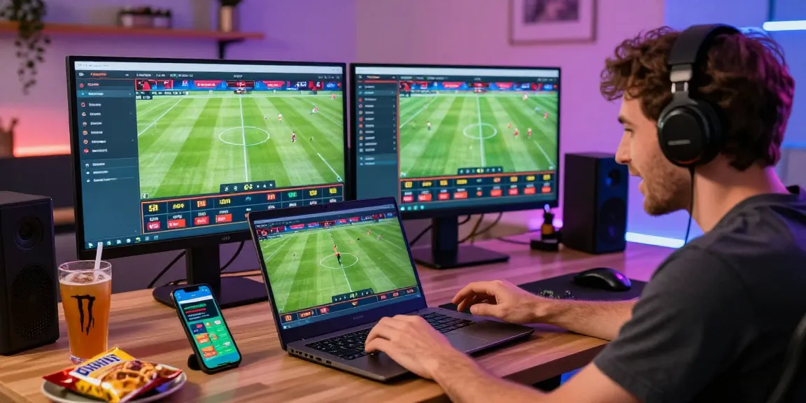 Engaged player analyzing Prediksi Bola Malam Ini on multiple screens in a vibrant home office.
