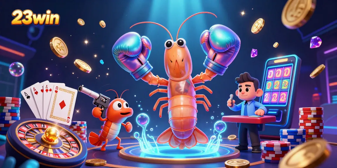 Engage with the vibrant 23win casino scene featuring animated characters amidst golden coins and roulette wheels.