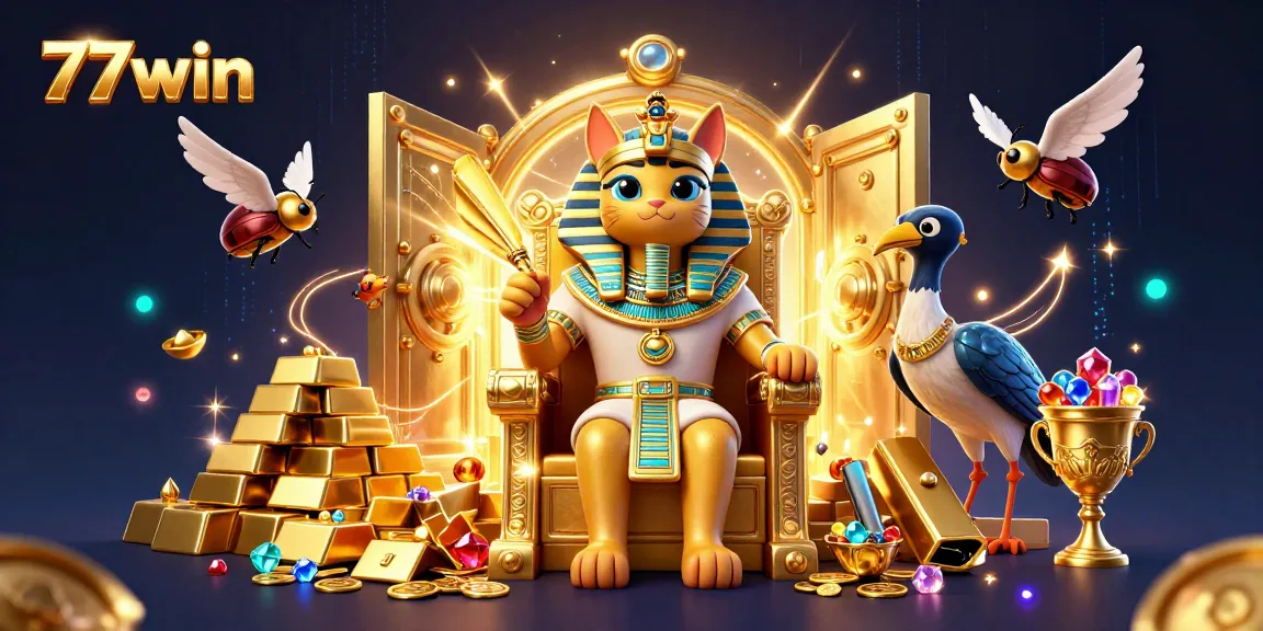 Engage with thrilling action at 77win featuring a vibrant Egyptian-themed casino scene filled with treasures.