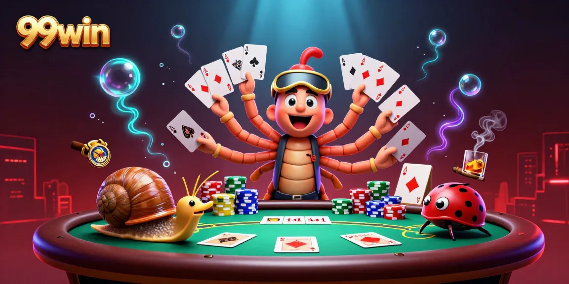 Experience the thrill of the 99win casino featuring a cartoon millipede dealer with exciting gameplay elements.