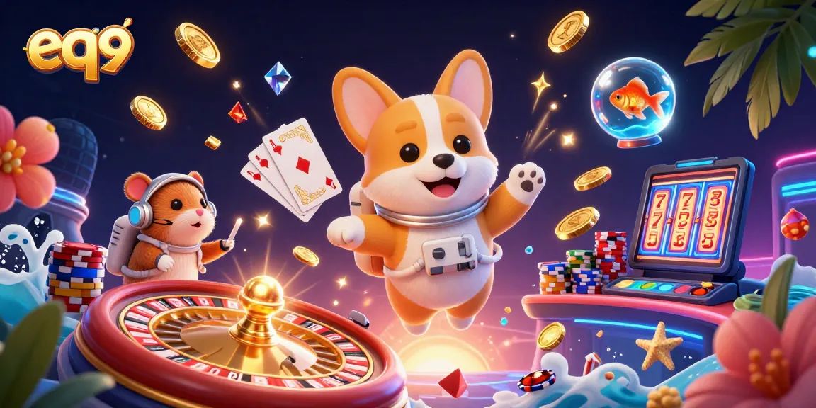 Experience thrilling gaming with eq9 in a 3D casino scene featuring a floating corgi and vibrant poker elements.
