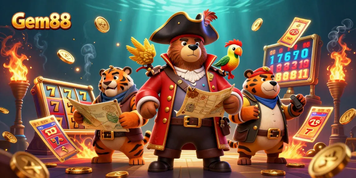 Experience Gem88's slot games in a vibrant 3D scene with pirate captain bear and treasure elements.