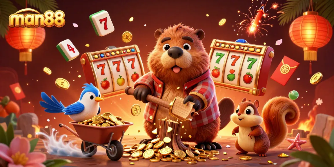 Join the fun at man88 as a beaver gathers golden coins in a vibrant casino scene.