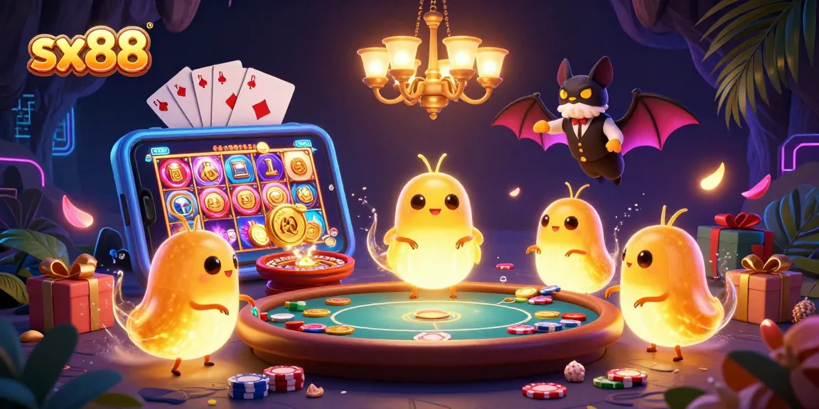 Experience excitement at sx88 casino with glowworms and vibrant 3D gaming elements lighting the scene.