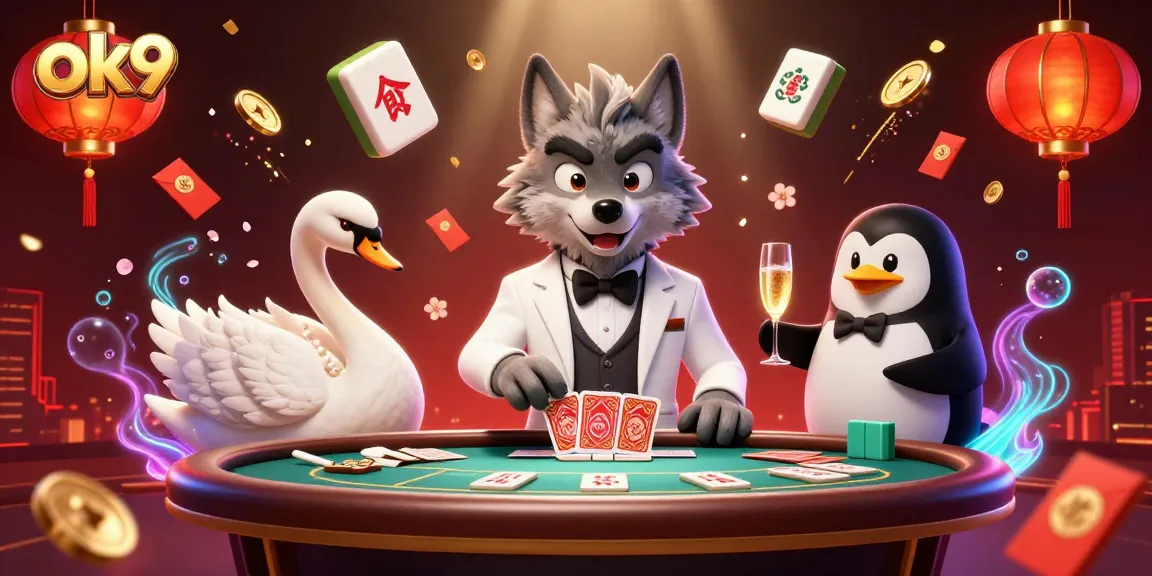 Experience the excitement of ok9 online gaming with a debonair wolf, an elegant swan, and a sophisticated penguin in a lively casino scene.