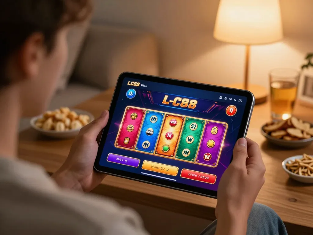Engaging gameplay on LC88 VINA app in cozy home setting, depicting strategic online gambling.