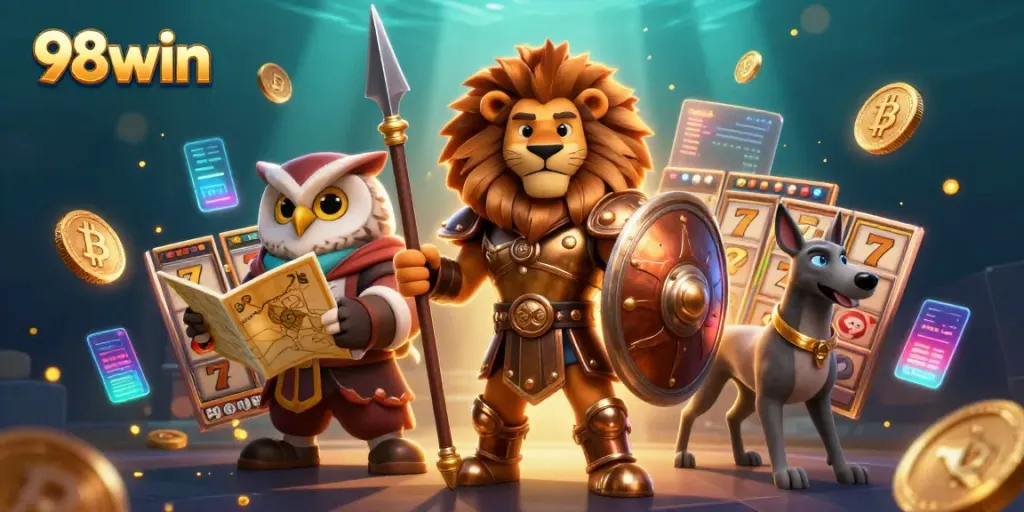 Experience the thrill of 98win gaming with a heroic lion, strategic owl, and swift greyhound amidst slots and crypto elements.