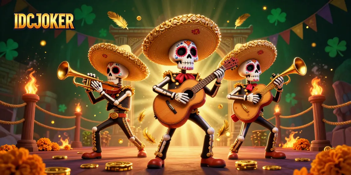 IDCJOKER showcases a vibrant scene with colorful mariachi skeletons amidst gambling elements and dynamic effects.