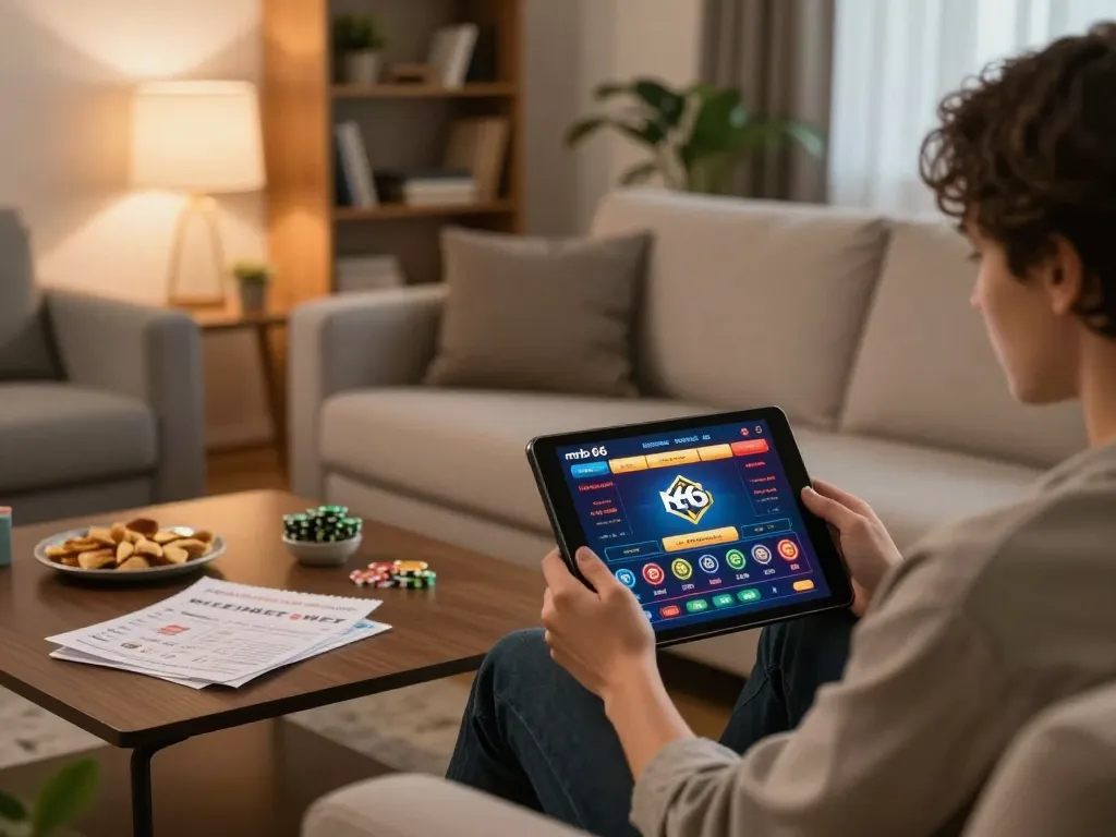 Player engaging with mb 66 online casino on tablet at home, showcasing relaxing gaming environment.