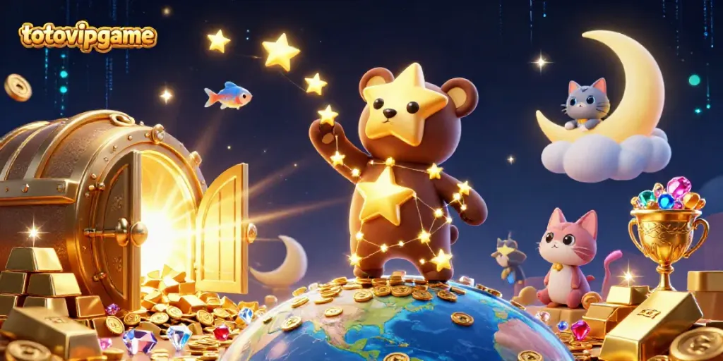 Experience the magic of totovipgame with charming characters surrounded by glittering casino treasures.
