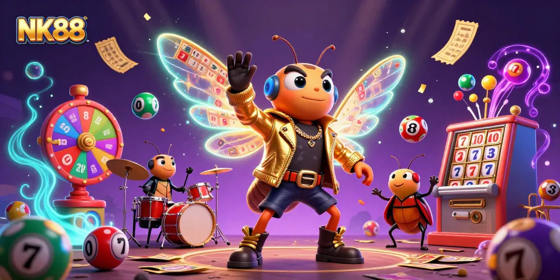 Engage with NK88 in a vibrant 3D casino scene featuring a rock star cicada and lively lottery elements.