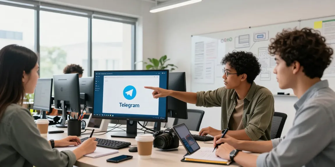 Team collaborating on Telegram Download application interface in a bright tech workspace.