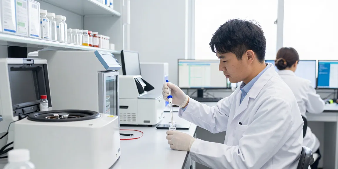 Researchers analyzing Canadian research peptides in a modern lab, showcasing scientific exploration.