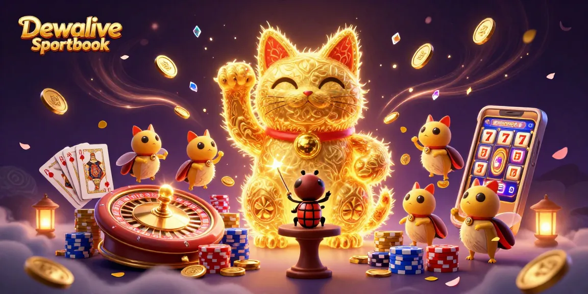 Dewalive Sportbook offers vibrant gaming with golden fireflies as the lucky cat in a casino-inspired illustration.