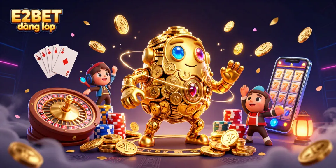 Win big at E2BET đăng nhập with vibrant 3D casino illustrations showcasing golden golems and exciting games.