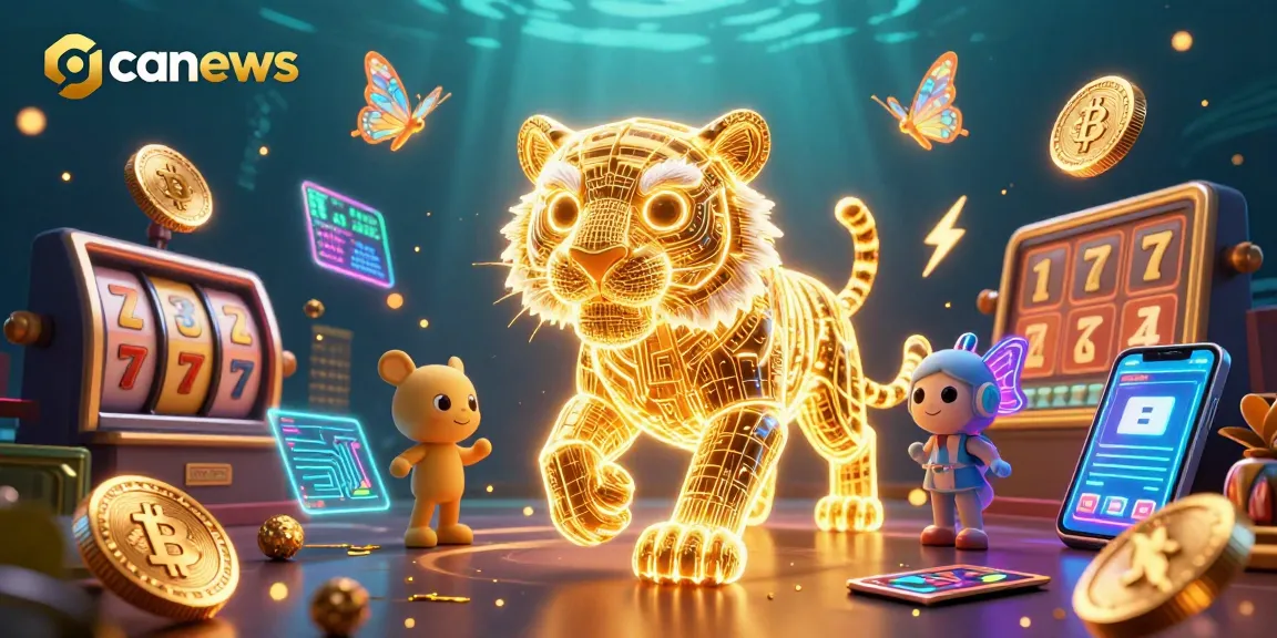 Bet on gcanews with vibrant casino elements showcasing a neon golden tiger and crypto coins.