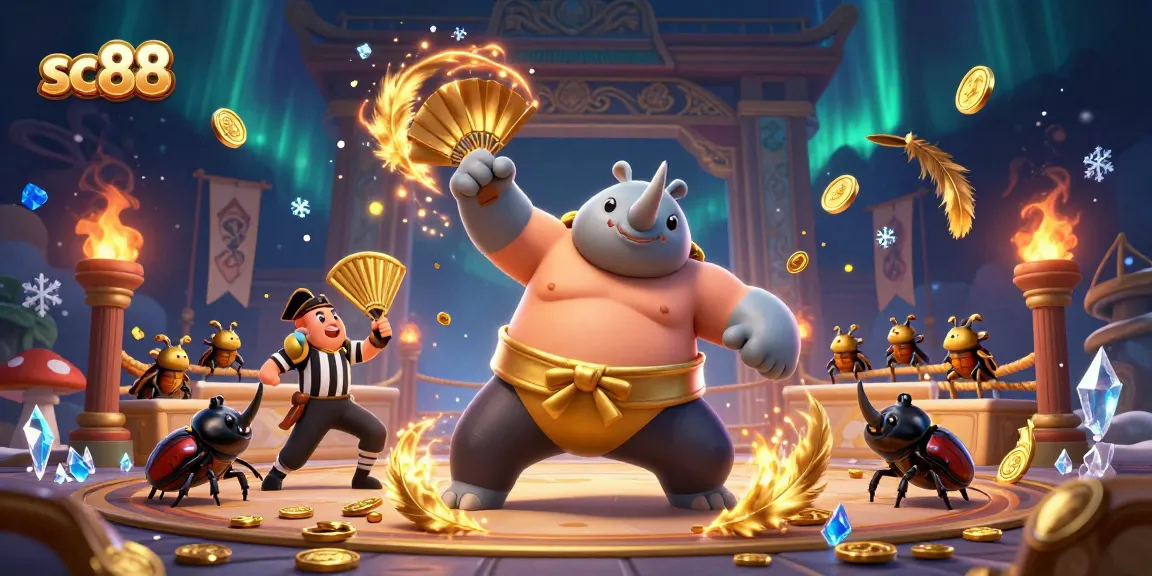Win big at sc88 with an intense sumo battle scene featuring vibrant characters and casino elements.