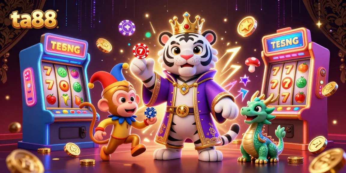 Experience thrilling gameplay at ta88 with a dynamic scene of a white tiger and playful monkey in a vibrant casino.