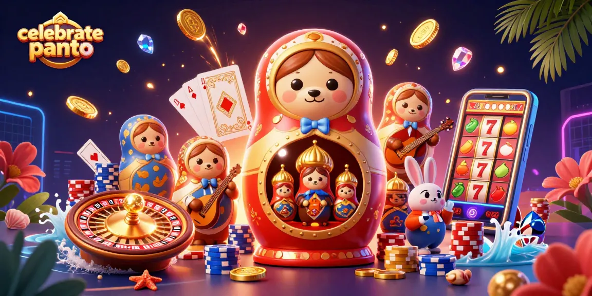 Engage with celebratepanto's vibrant and dynamic atmosphere, featuring 3D Matryoshka bears amidst casino action.