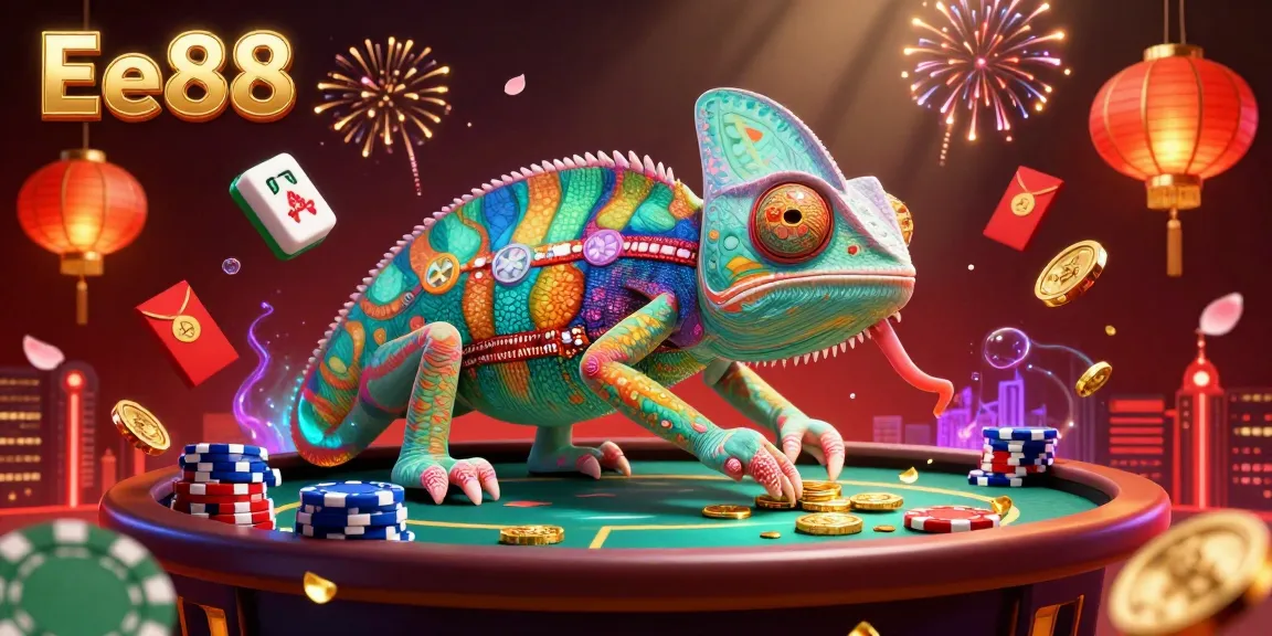 Engage with Ee88's vibrant casino atmosphere, featuring an animated chameleon owner amidst dynamic gaming elements and fireworks.