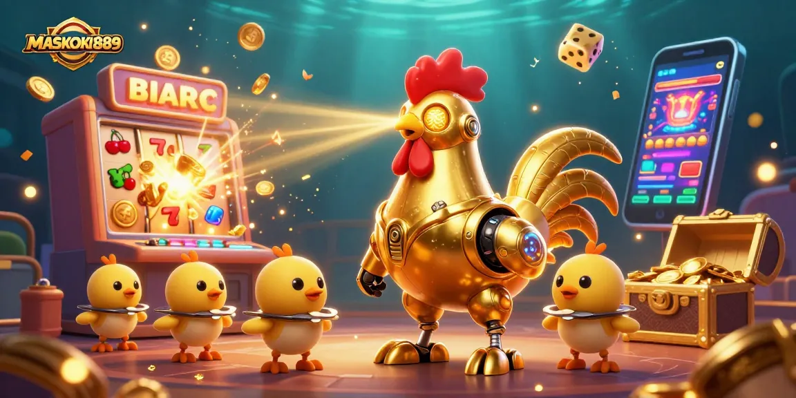 Experience the excitement at MASKOKI889 with a golden rooster robot and dynamic slot machine action.
