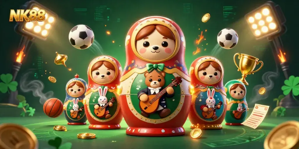 Engaging NK88 illustration with Matryoshka bear, casino dealers, and vibrant sports elements.