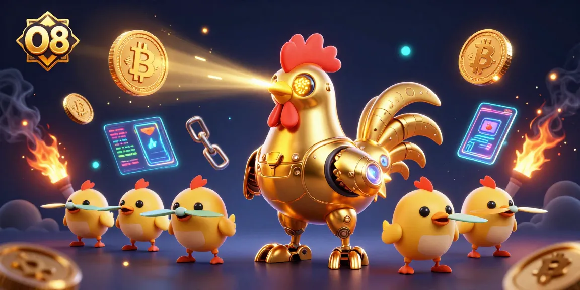 O8 players enjoy a dynamic casino experience with a golden rooster robot and crypto elements.