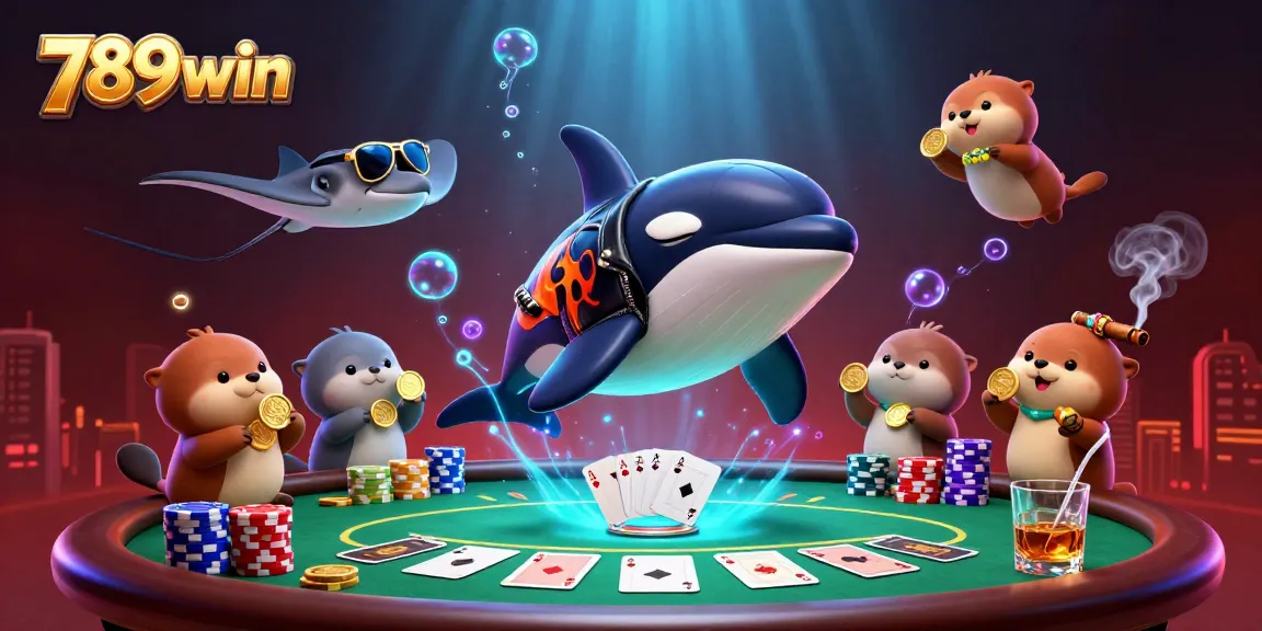 Experience vibrant 789win action with whale, stingray, and otters amidst dynamic casino elements.