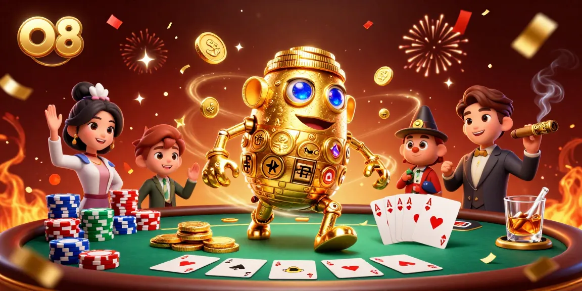 Engage with O8's vibrant casino world, featuring a golden golem amidst poker elements and celebratory confetti.