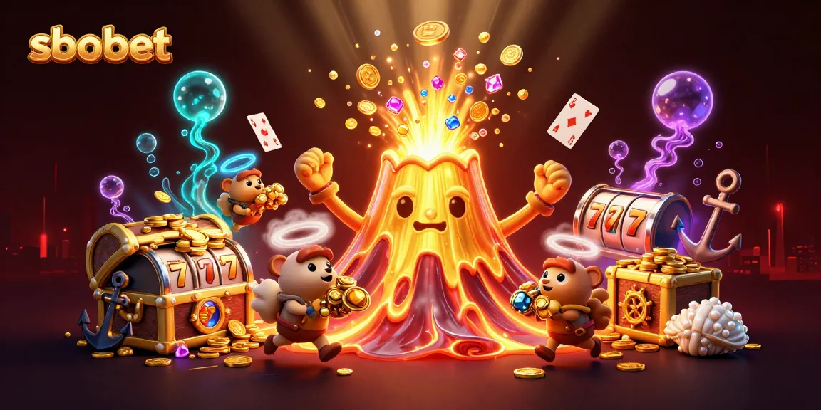 Bet on sbobet with this vibrant illustration showing a golden volcano erupting coins and gems.