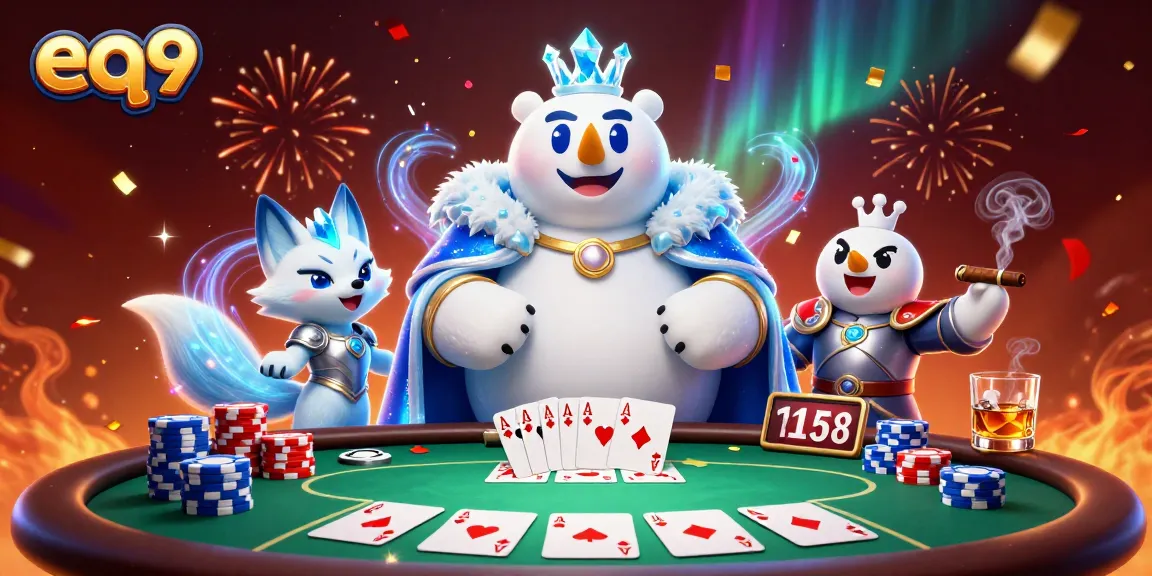 Experience thrilling poker action at eq9 with a vibrant 3D casino illustration featuring unique characters and game elements.