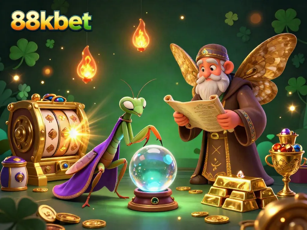 Experience the thrill of 88kbet with a 3D cartoon scene featuring a mystical fortune teller and casino elements.