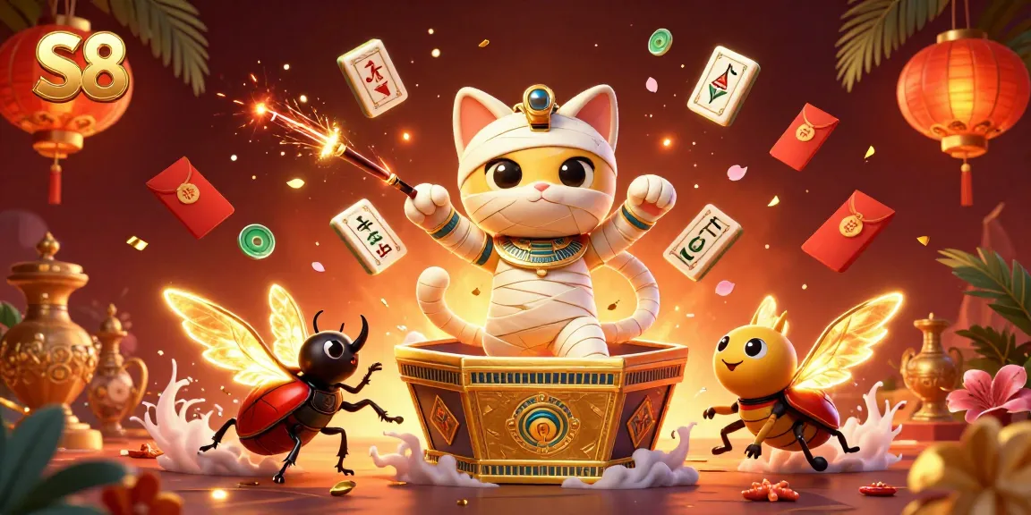 S8 offers an exciting gaming experience with a 3D Egyptian mummy cat bursting from a golden sarcophagus in a lively casino scene.