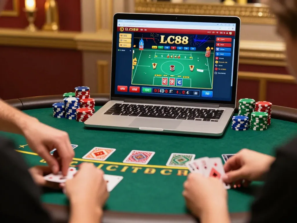 Players enjoying an engaging blackjack game at LC88's online casino, showcasing excitement and strategy.